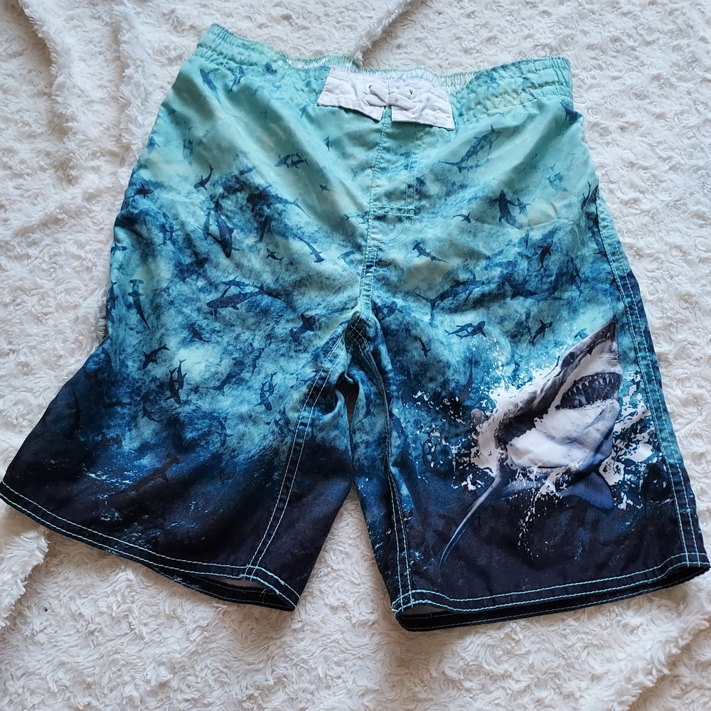 Old Navy Blue Shark Print Kids Swim Trunks Pool Beach Vacation Summer Travel